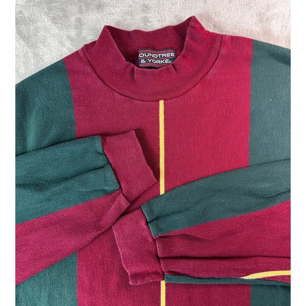 VTG 90s Roundtree Yorke Mock Neck Shirt Mens L Burgundy Green Stripe Rugby